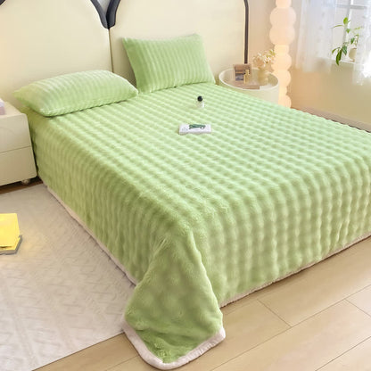 Ownkoti Textured Faux Rabbit Fur Coverlet - Green - Sheet with 2PCS Pillowcases - King - image 4