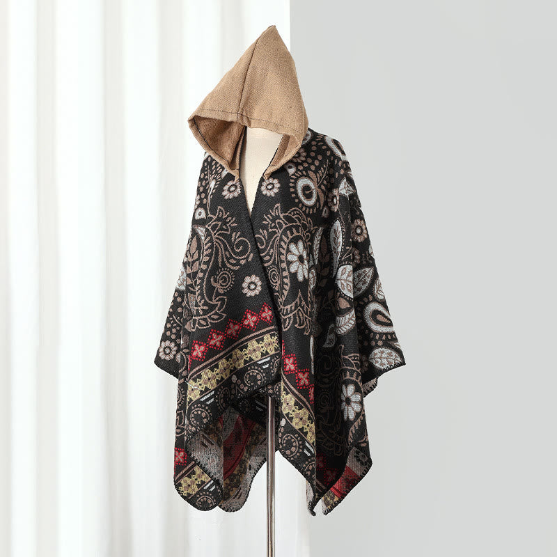 Vintage Paisley Hooded Cape Shawl - Black&Camel - 53" x 59" - image 2