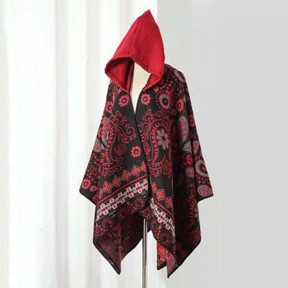 Vintage Paisley Hooded Cape Shawl - Black&Red - 53" x 59" - image 0