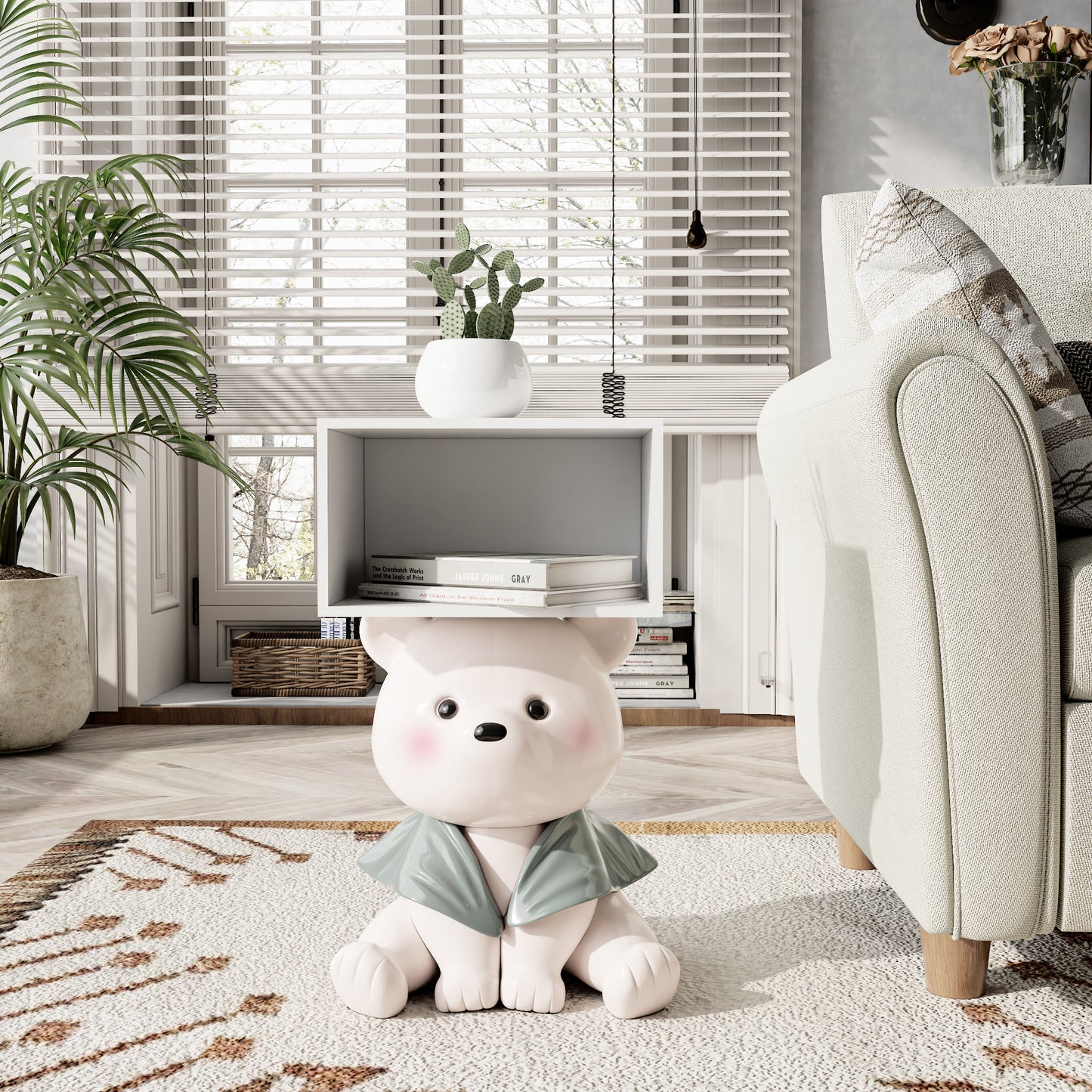 Charming Bear Side Table With Box Storage - White - image 0