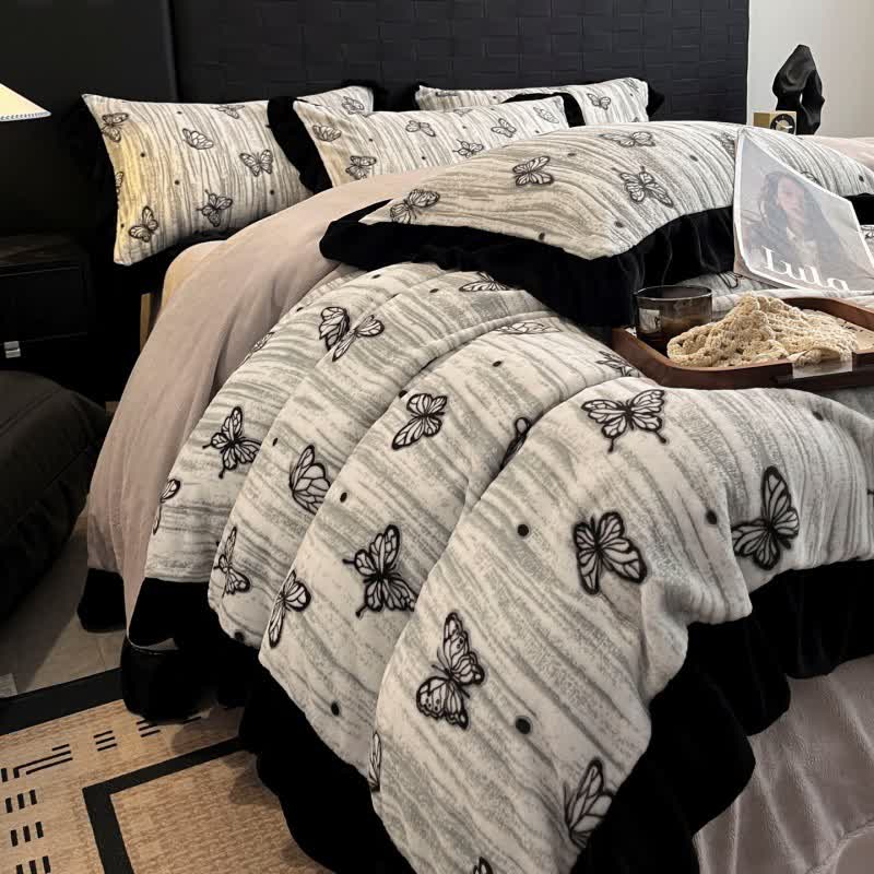 Ownkoti Butterfly Ruffled Plush Bedding Set(4PCS) - Grey - King - image 0