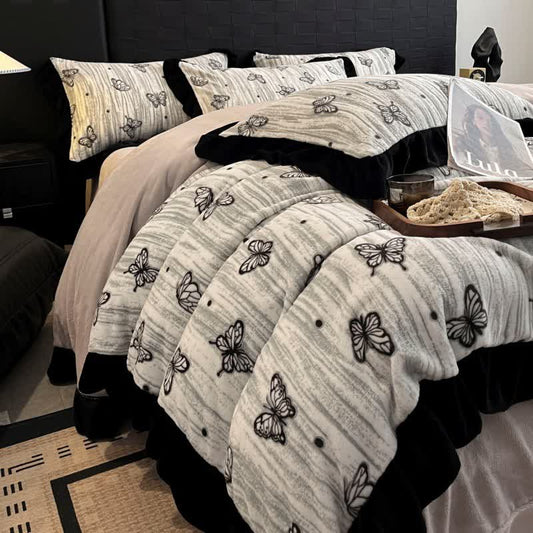 Ownkoti Butterfly Ruffled Plush Bedding Set(4PCS) - Grey - King - image 0