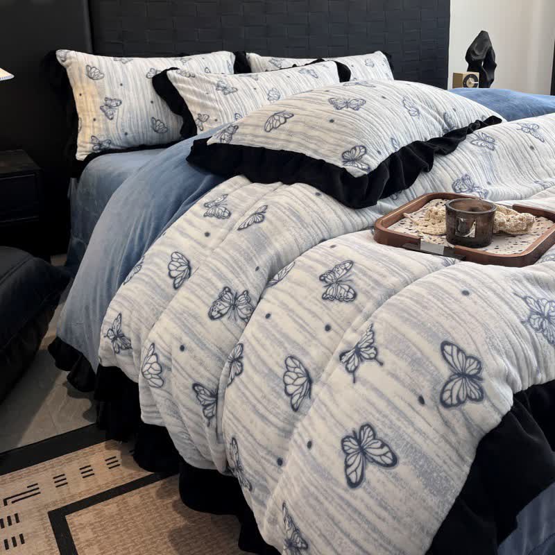 Ownkoti Butterfly Ruffled Plush Bedding Set(4PCS) - Blue - King - image 11