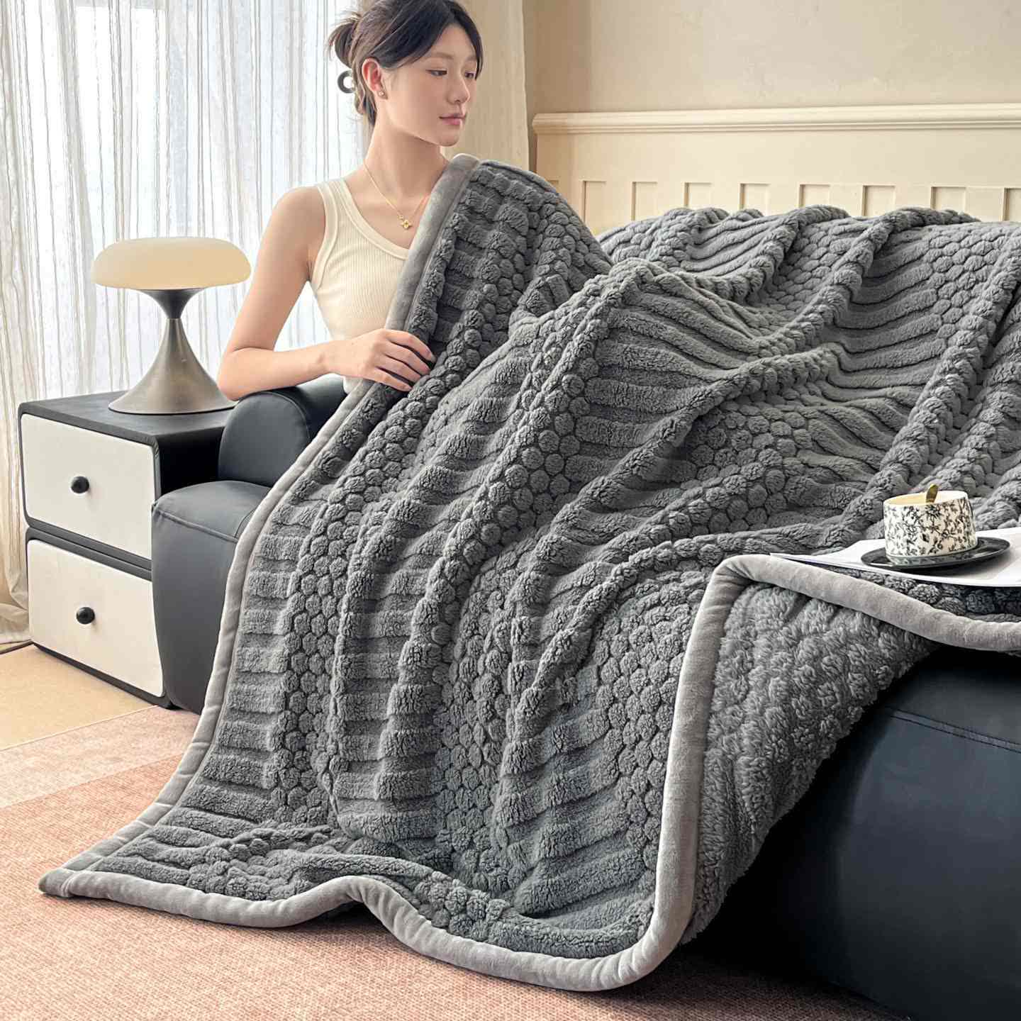 Ownkoti Geometric textured Plush Throw Blanket - Dark Gray - 39" x 59" - image 0