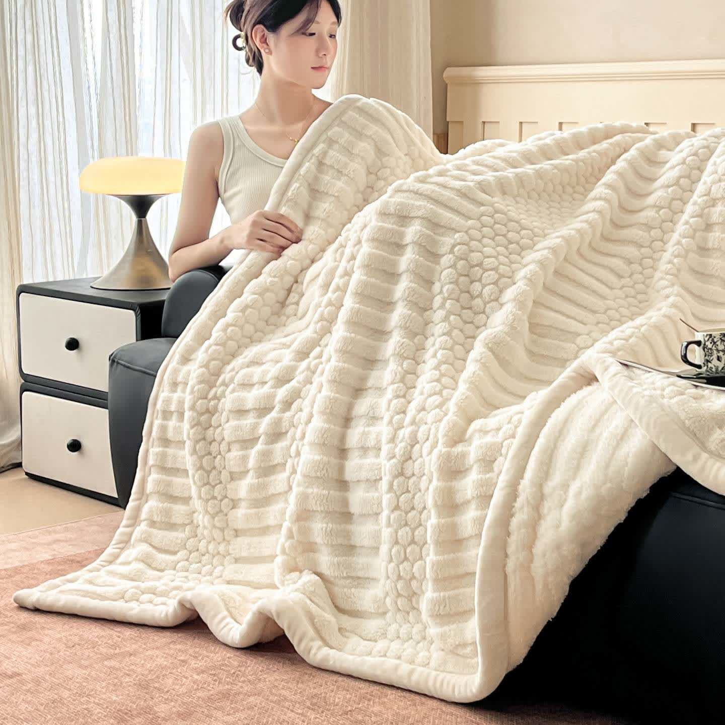 Ownkoti Geometric textured Plush Throw Blanket - White - Queen - image 0