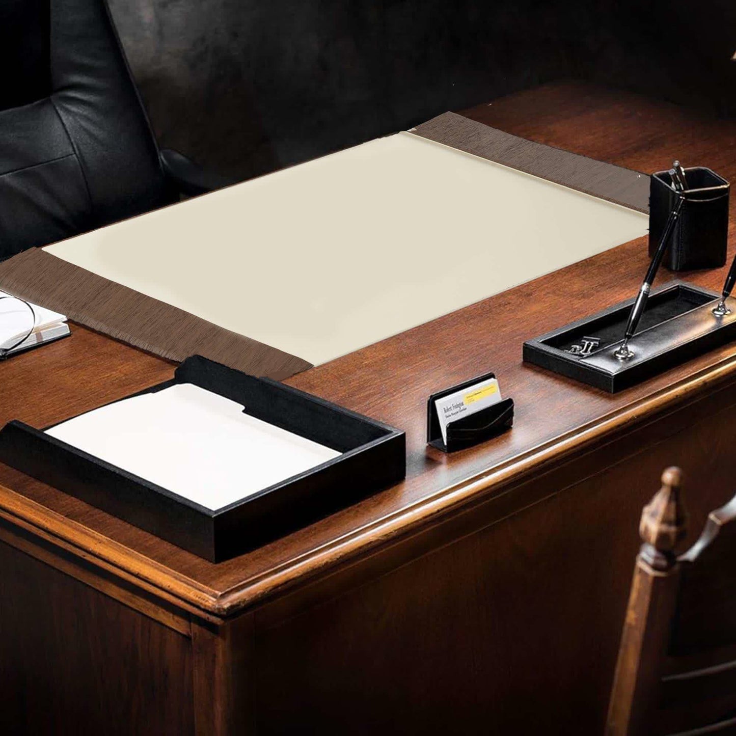 Wooden Trim Leather Desk Pad - image 1