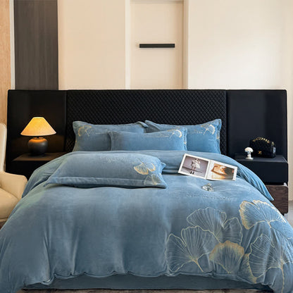 Ownkoti Elegant Ginkgo Leaf Plush Bedding Set(4PCS) - Blue - King - image 7