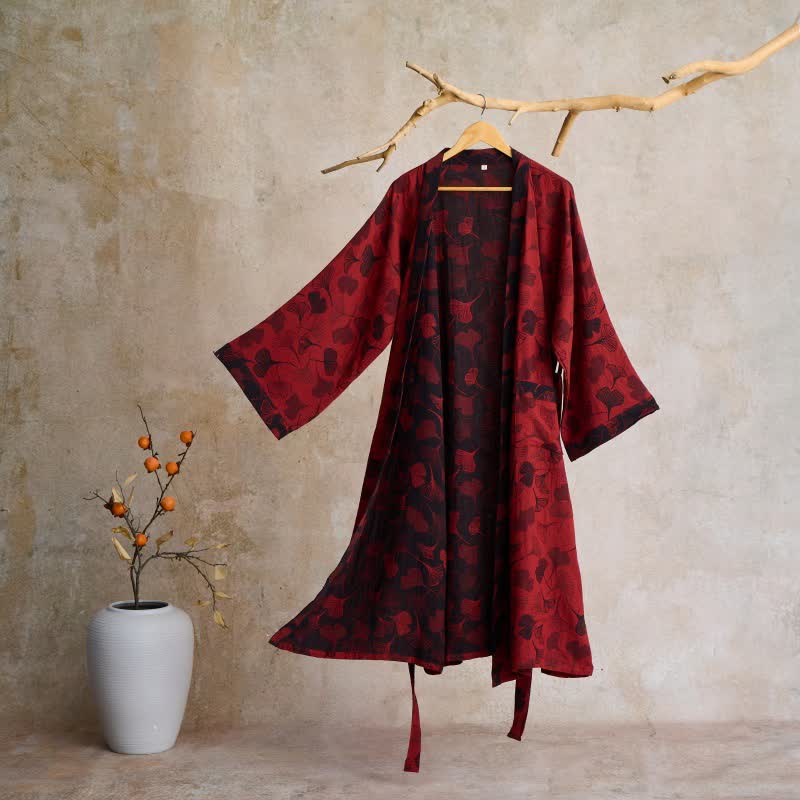 Ownkoti Ginkgo Biloba Cotton Gauze Kimono Robe - Red & Black - 2XL - image 11