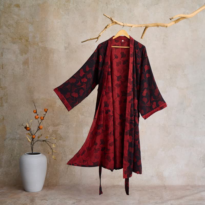 Ownkoti Ginkgo Biloba Cotton Gauze Kimono Robe - Black & Red - 2XL - image 16