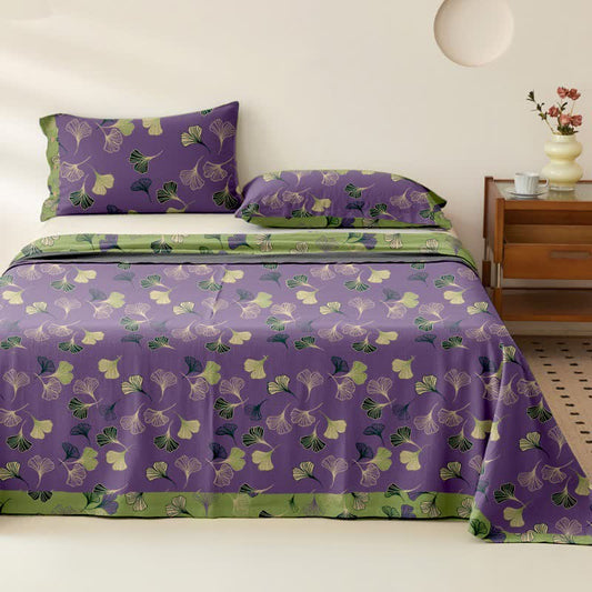 Ownkoti Ginkgo Leaf Cotton Gauze Sheet Bedspread - Purple - Bedspread with 2PCS Pillowcases - King - image 0