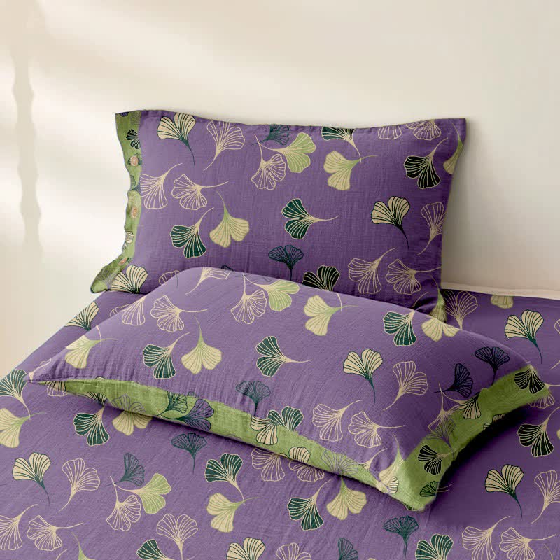 Ownkoti Ginkgo Leaf Cotton Gauze Sheet Bedspread - Purple - 2PCS Pillowcases - 40" x 20" - image 2
