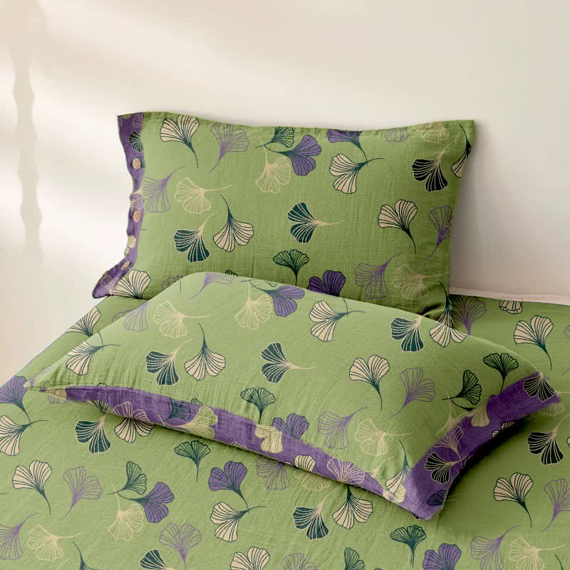 Ownkoti Ginkgo Leaf Cotton Gauze Sheet Bedspread - Green - 2PCS Pillowcases - 40" x 20" - image 2