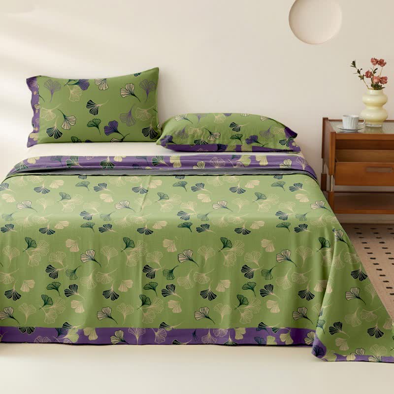 Ownkoti Ginkgo Leaf Cotton Gauze Sheet Bedspread - Green - Bedspread with 2PCS Pillowcases - King - image 4
