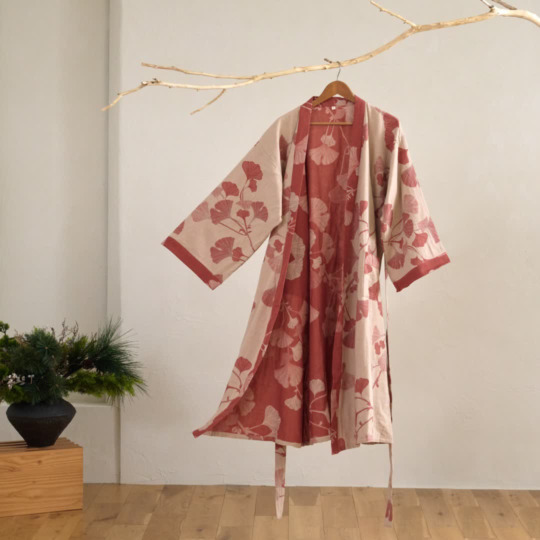 Ownkoti Large Ginkgo Leaf Cotton Kimono Robe - Nude & Red - 2XL - image 19