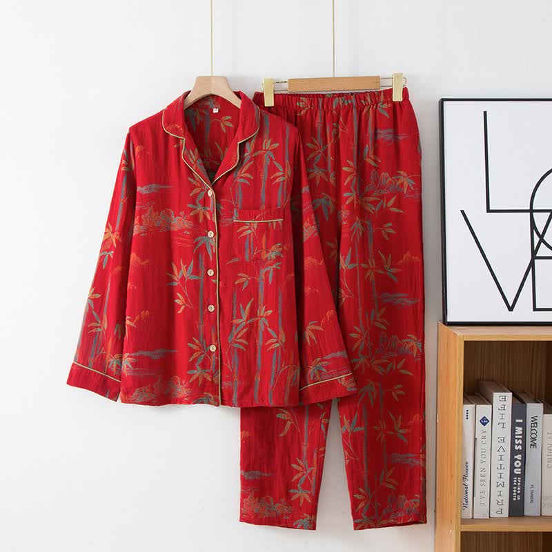 Ownkoti Matching Cotton Gauze Bamboo Couple Loungewear - Women: Red - XL - image 2