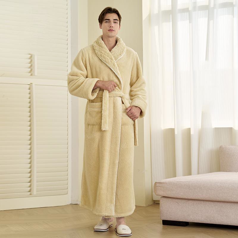 Luxury Double-Layer Fleece Long Robe - White Yellow - Men: XL - image 0