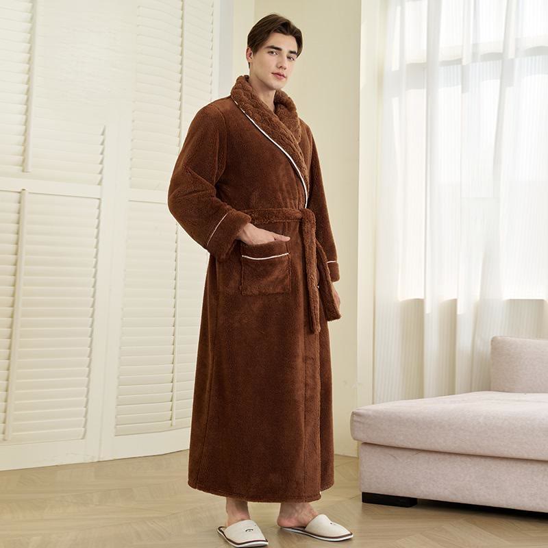 Luxury Double-Layer Fleece Long Robe - Brown - Men: 3XL - image 10