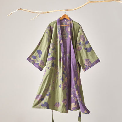 Ownkoti Cotton Gauze Ginkgo Kimono Robe - Green - XL - image 17