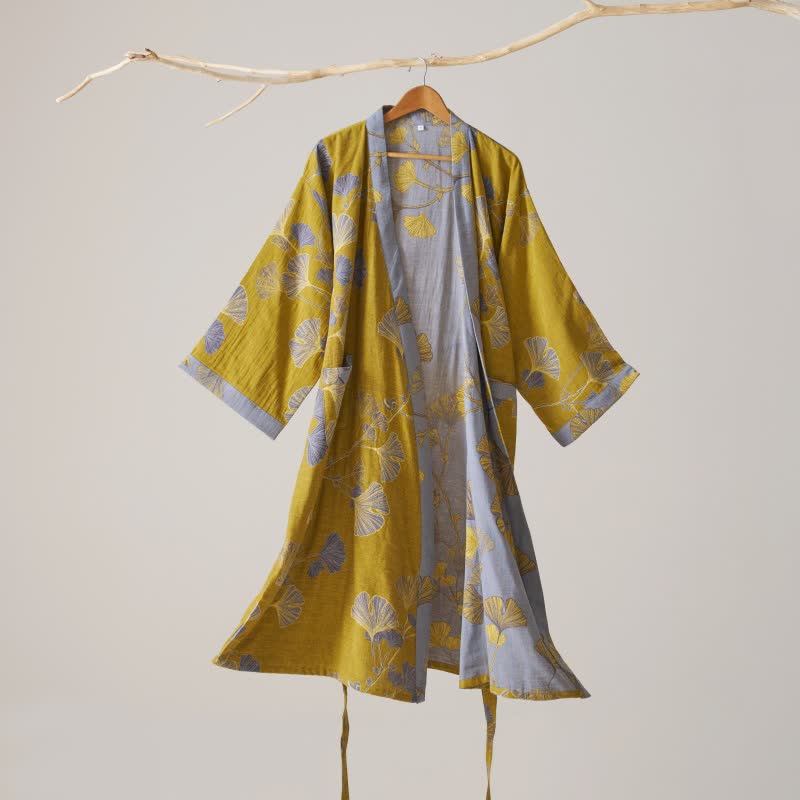 Ownkoti Cotton Gauze Ginkgo Kimono Robe - Dark Yellow - XL - image 40