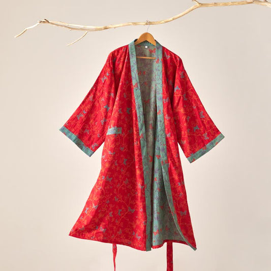 Ownkoti Cotton Gauze Vintage Butterfly Kimono Robe - Red - XL - image 0