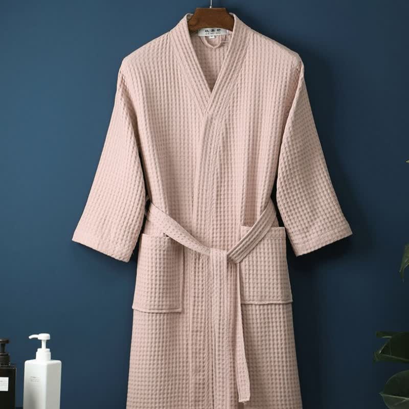 Ownkoti Simple Solid Color Cotton V-neck Bathrobe - Pink - XL - image 8