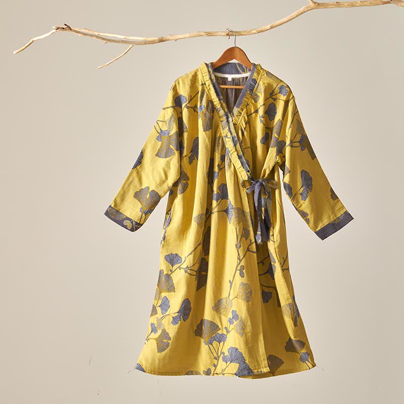 Ownkoti Ginkgo Leaf Hanfu Inspired Cotton Nightdress - Yellow - XL - image 0