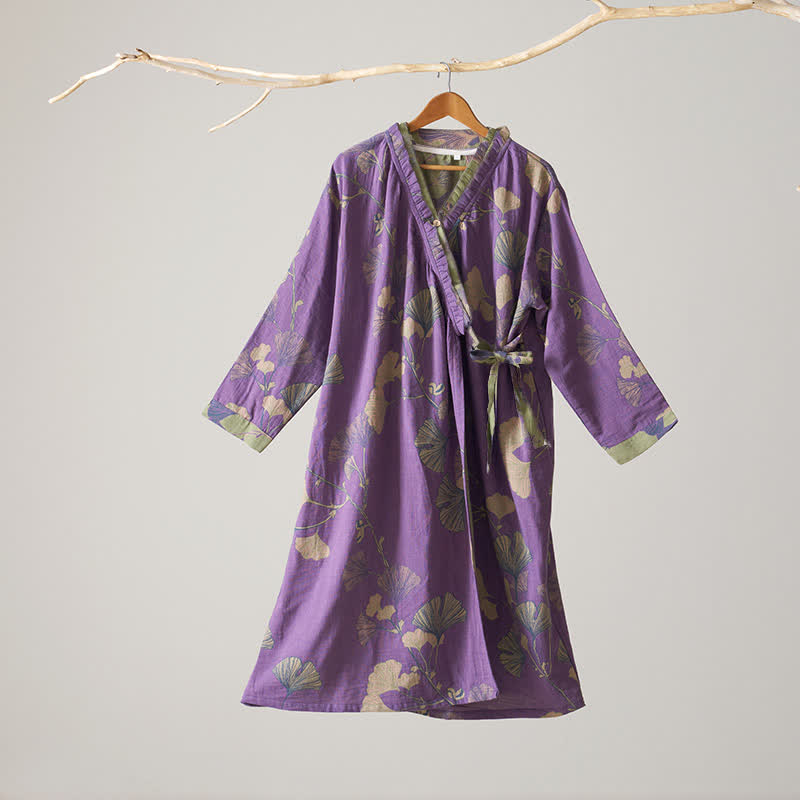 Ownkoti Ginkgo Leaf Hanfu Inspired Cotton Nightdress - Purple - XL - image 20