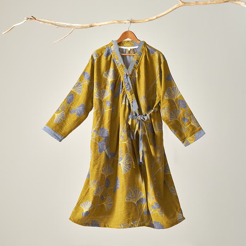 Ownkoti Ginkgo Leaf Hanfu Inspired Cotton Nightdress - Dark Yellow - XL - image 25