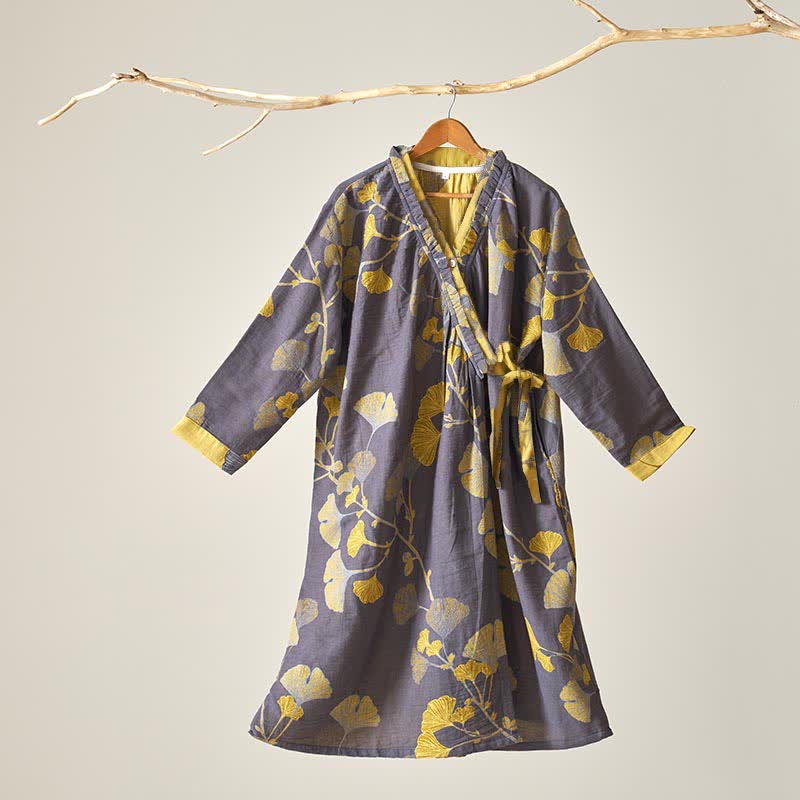 Ownkoti Ginkgo Leaf Hanfu Inspired Cotton Nightdress - Dark Grey - XL - image 12