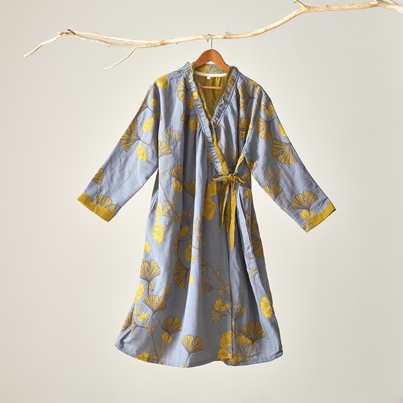 Ownkoti Ginkgo Leaf Hanfu Inspired Cotton Nightdress - Light Gray - XL - image 16