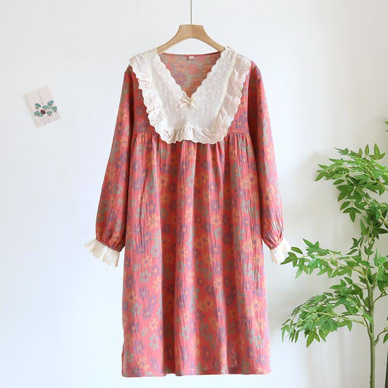 Ownkoti Floral Cotton Gauze Long Sleeve Nightgown - Pink - XL - image 3