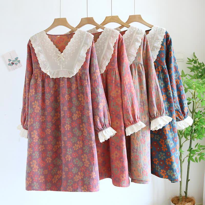 Ownkoti Floral Cotton Gauze Long Sleeve Nightgown - image 2