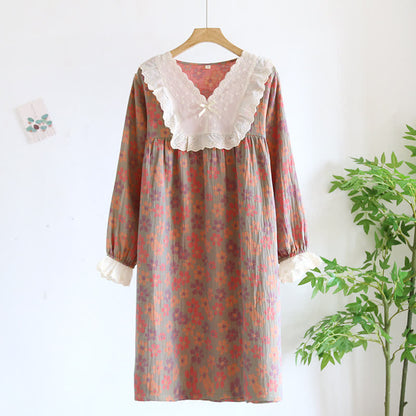 Ownkoti Floral Cotton Gauze Long Sleeve Nightgown - Green - XL - image 12