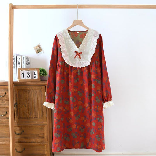Ownkoti Rose Cotton Gauze Long Sleeve Nightgown - Red - XL - image 0