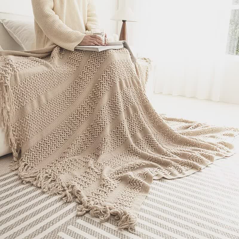 Ownkoti Solid Geometric Cable Knit Throw Blanket - Khaki - 51"W x 90"L - image 6