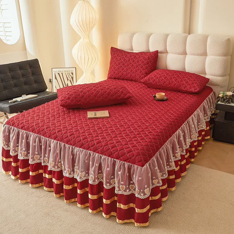 Ownkoti Heart Quilted Bed Skirt Sheet - Wine - Bed Skirt Sheet with 2PCS Pillowcases - King - image 11