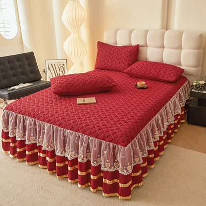 Ownkoti Heart Quilted Bed Skirt Sheet - Wine - Bed Skirt Sheet with 2PCS Pillowcases - King - image 11