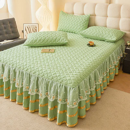Ownkoti Heart Quilted Bed Skirt Sheet - Green - Bed Skirt Sheet with 2PCS Pillowcases - King - image 13
