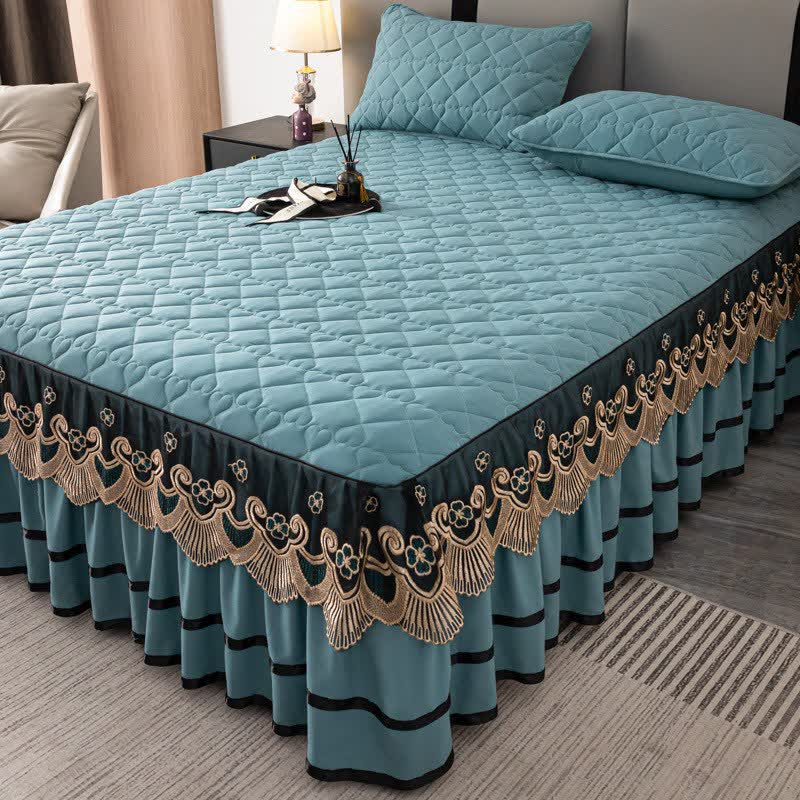 Ownkoti Heart Quilted Lace Bed Skirt Sheet - Blue - Bed Skirt Sheet with 2PCS Pillowcases - King - image 12