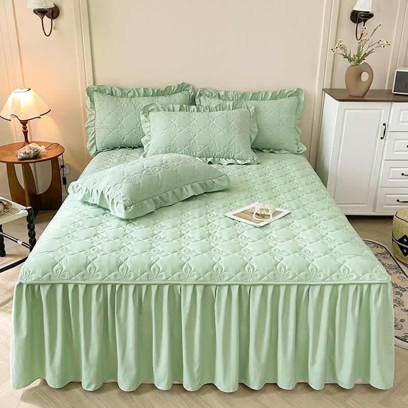 Ownkoti Geometric Quilted Bed Skirt Sheet - Green - Bed Skirt Sheet with 2PCS Pillowcases - King - image 11
