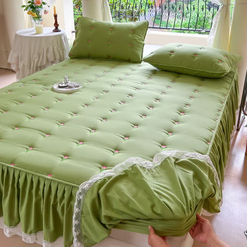 Ownkoti Tulip Embroidered Bed Skirt Sheet - Green - 2PCS Pillowcases - 19" x 29" - image 7
