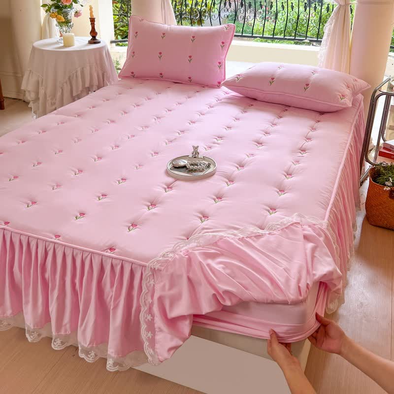 Ownkoti Tulip Embroidered Bed Skirt Sheet - Pink - 2PCS Pillowcases - 19" x 29" - image 6