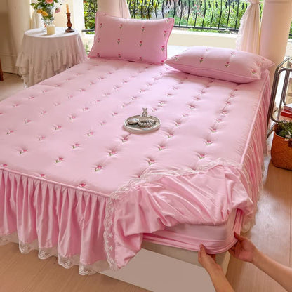 Ownkoti Tulip Embroidered Bed Skirt Sheet - Pink - 2PCS Pillowcases - 19" x 29" - image 6