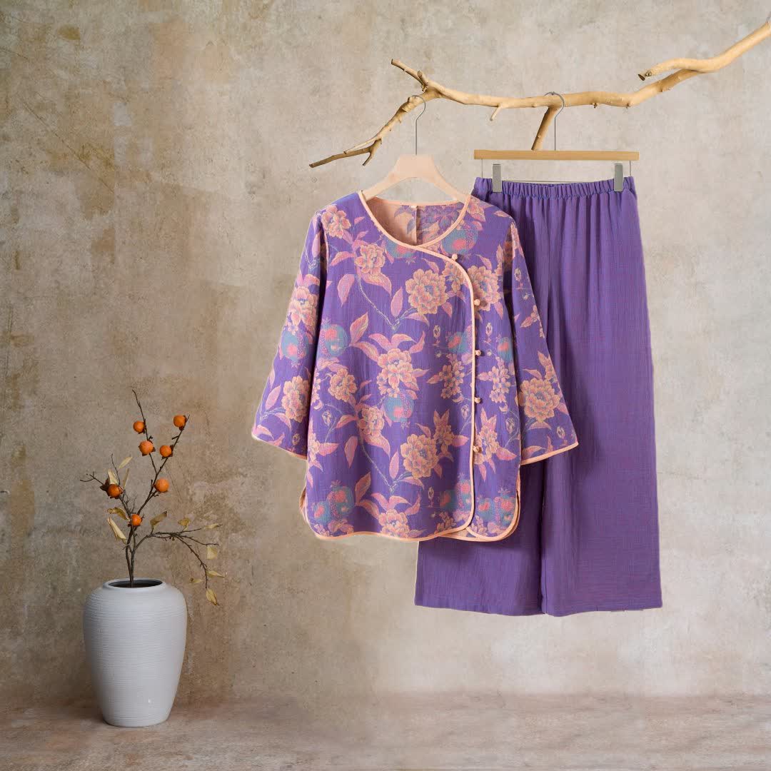 Ownkoti Oriental Style Peony Pomegranate Cotton Sleepwear - image 1