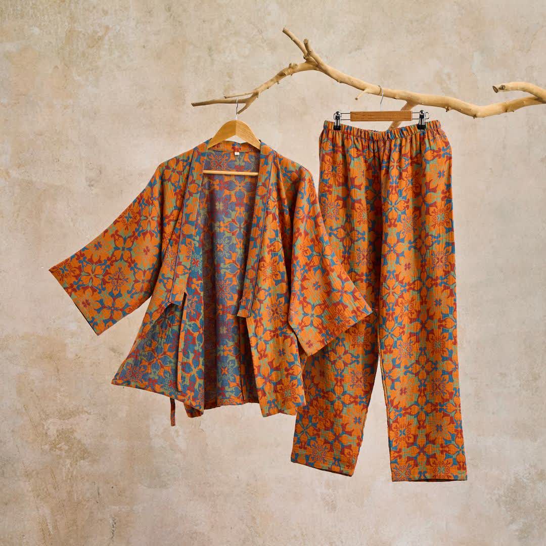 Ownkoti Geometric Pattern Cotton Kimono Loungewear Set - Orange - XL - image 2