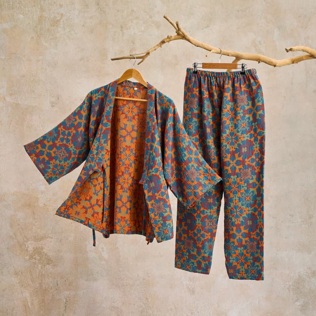Ownkoti Geometric Pattern Cotton Kimono Loungewear Set - Blue - XL - image 0