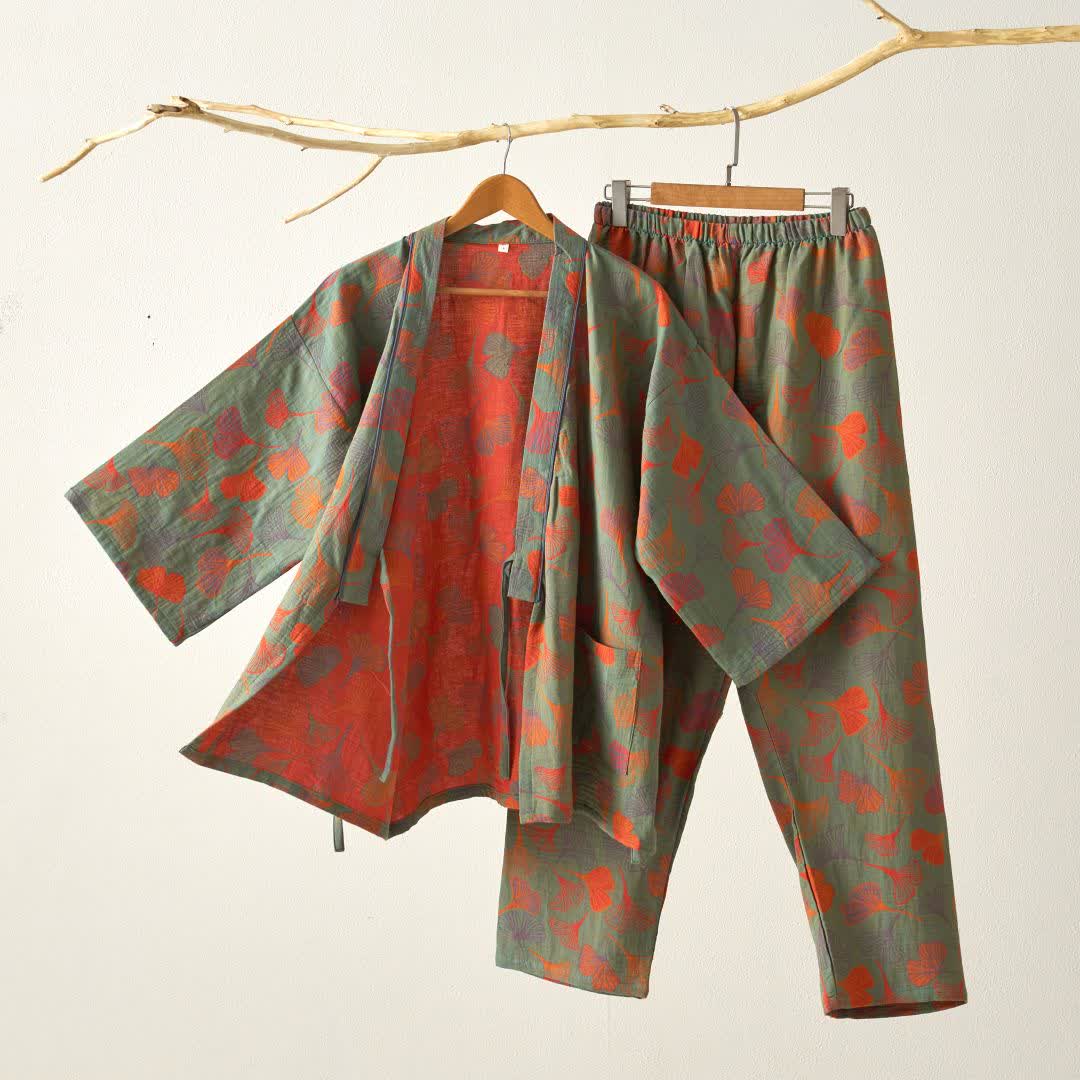 Ownkoti Ginkgo Cotton Gauze Kimono Loungewear Set - Green - XL - image 8