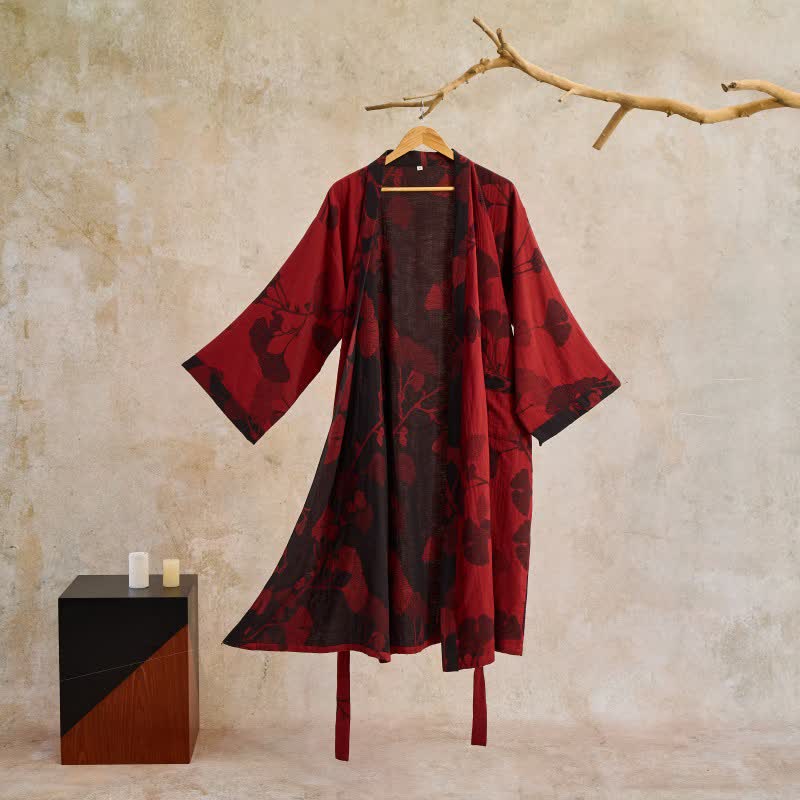 Ownkoti Large Ginkgo Leaf Cotton Gauze Robe - Red & Black - 2XL - image 12