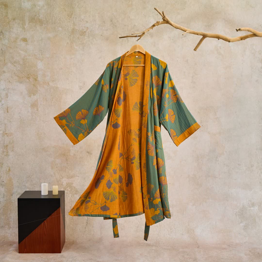 Ownkoti Large Ginkgo Leaf Cotton Kimono Robe - Green & Yellow - XL - image 10