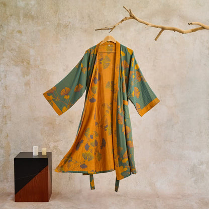 Ownkoti Large Ginkgo Leaf Cotton Kimono Robe - Green & Yellow - XL - image 9
